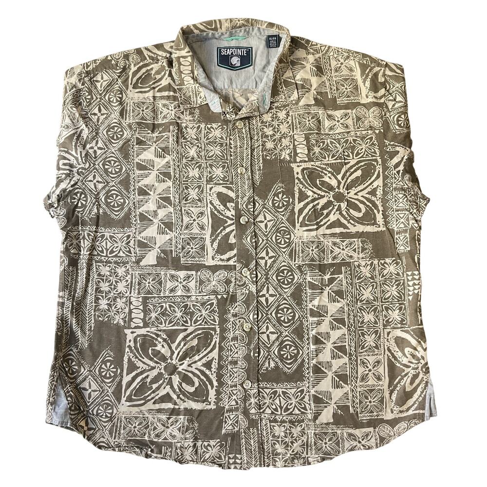 Seapointe Men Button Up Shirt XL Brown Geometric Hawaiian Shirt Short Sleeve